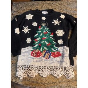Vintage Petite Sophisticate‎ Christmas Tree Sweater Crochet Lace Black Medium